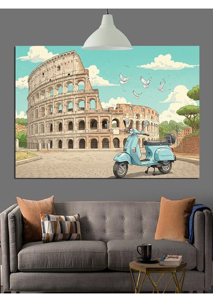 Kolezyum Önünde Sevimli Scooter Dekoratif Kanvas - Mdf Ahşap Tablo fiyatları