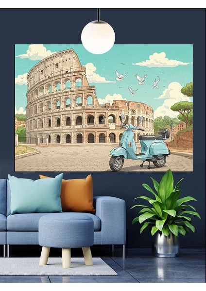 Kolezyum Önünde Sevimli Scooter Dekoratif Kanvas - Mdf Ahşap Tablo fırsatları