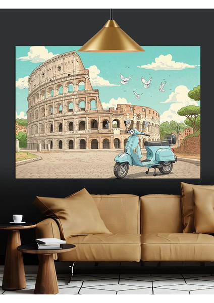 Kolezyum Önünde Sevimli Scooter Dekoratif Kanvas - Mdf Ahşap Tablo indirimleri