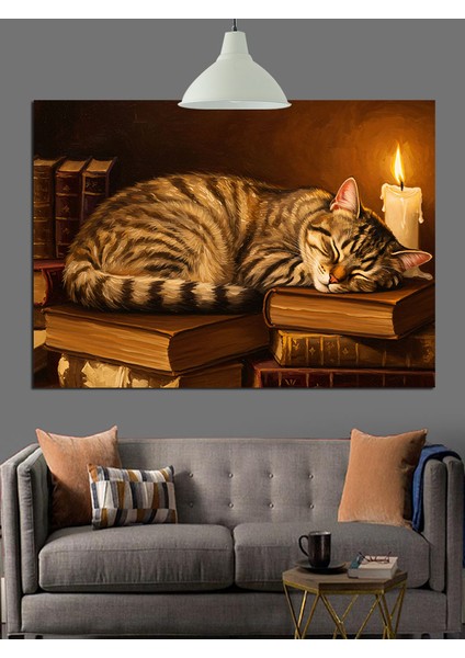 Yanan Mum Işığında Uyuyan Kedi Dekoratif Kanvas - Mdf Ahşap Tablo