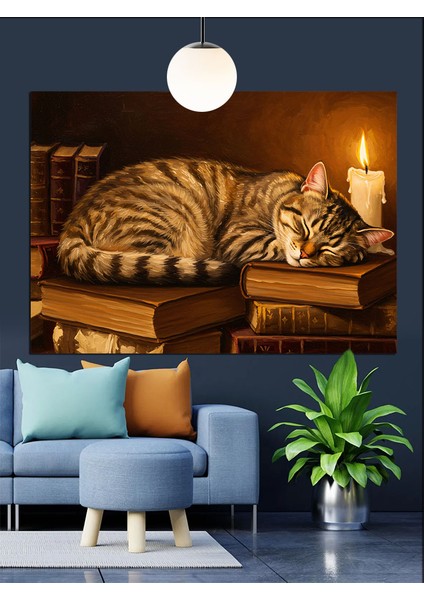 Yanan Mum Işığında Uyuyan Kedi Dekoratif Kanvas - Mdf Ahşap Tablo modelleri