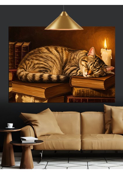 Yanan Mum Işığında Uyuyan Kedi Dekoratif Kanvas - Mdf Ahşap Tablo fırsatları