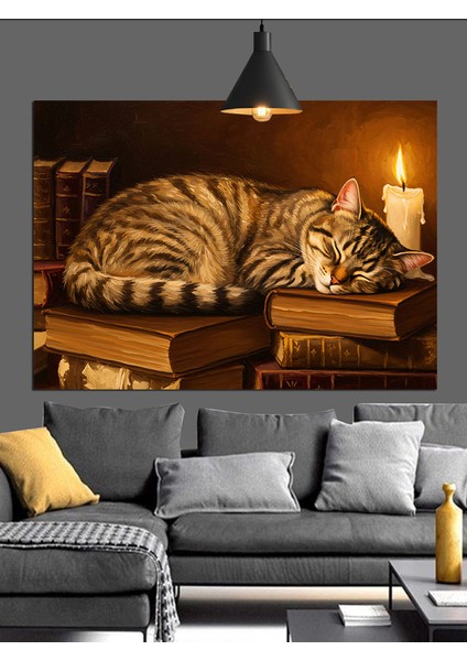 Yanan Mum Işığında Uyuyan Kedi Dekoratif Kanvas - Mdf Ahşap Tablo indirimleri