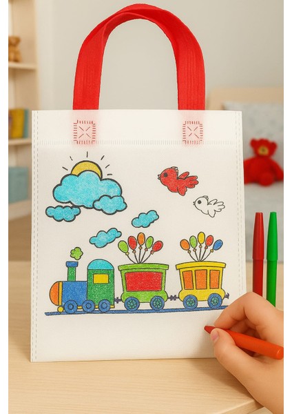 Temalı Boyanabilir Bez El Çantası – Çocuklar Için Eğitici Etkinlik Çantası 3 Boya Kalemi Hediyeli