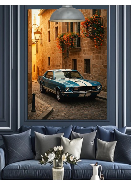 Dar Sokakta Park Eden Mavi Araba Dekoratif Kanvas - Mdf Ahşap Tablo modelleri