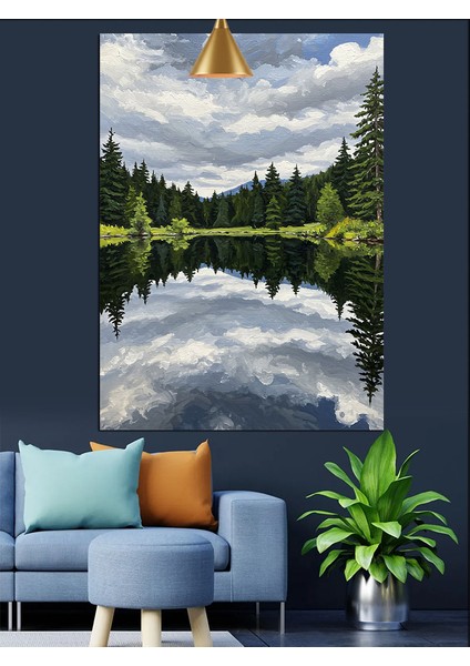 Sakin Göl Manzarası Yeşil Ormanlar Arasında Dekoratif Kanvas - Mdf Ahşap Tablo