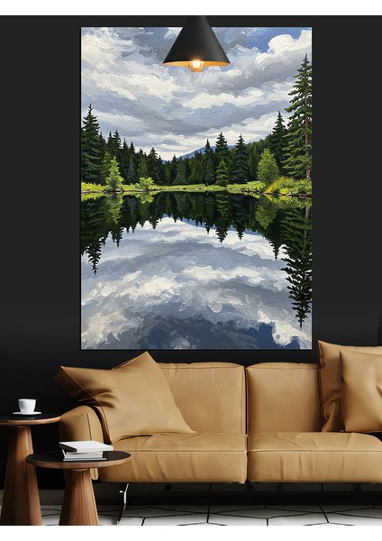 Sakin Göl Manzarası Yeşil Ormanlar Arasında Dekoratif Kanvas - Mdf Ahşap Tablo fiyatları