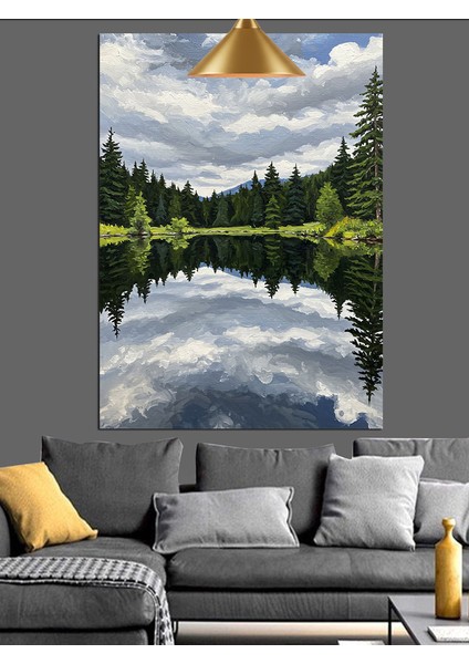 Sakin Göl Manzarası Yeşil Ormanlar Arasında Dekoratif Kanvas - Mdf Ahşap Tablo modelleri