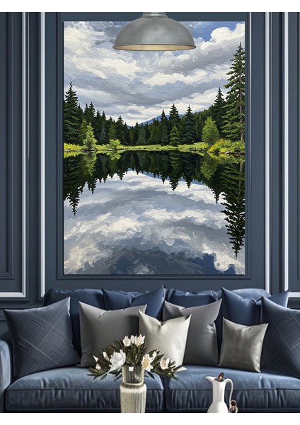 Sakin Göl Manzarası Yeşil Ormanlar Arasında Dekoratif Kanvas - Mdf Ahşap Tablo fırsatları