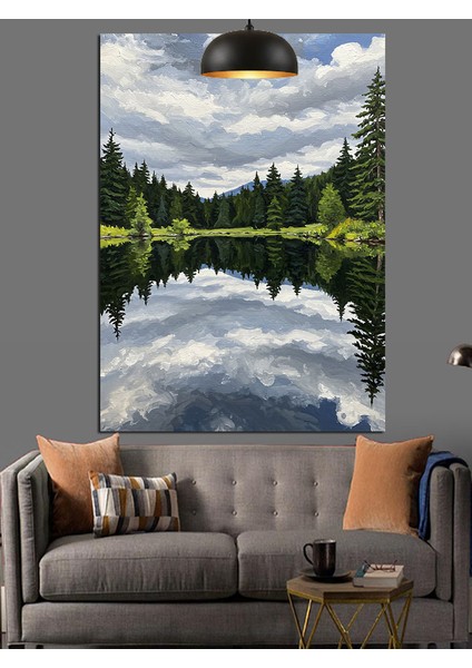 Sakin Göl Manzarası Yeşil Ormanlar Arasında Dekoratif Kanvas - Mdf Ahşap Tablo indirimleri