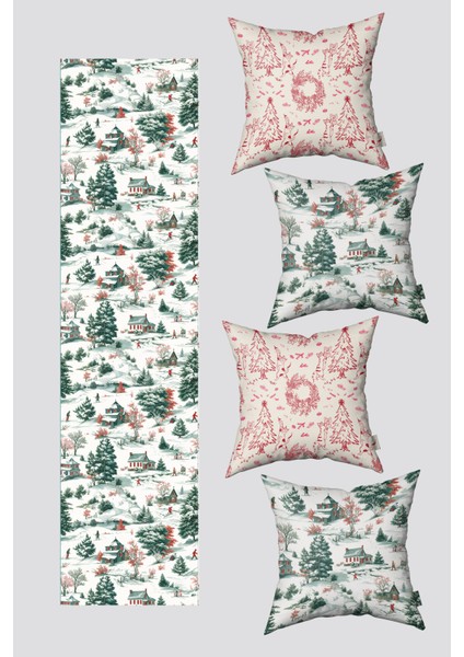 Kırmızı Yeşil Kedi ve Kış Temalı 4 Kırlent Kılıfı 1 Runner Seti