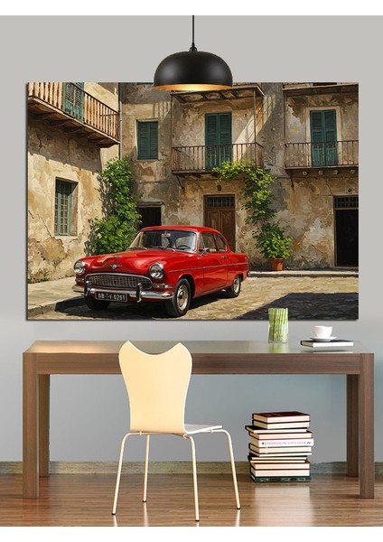 Kırmızı Klasik Araba Eski Sokak Dekoratif Kanvas - Mdf Ahşap Tablo modelleri