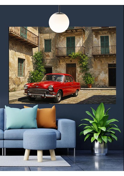 Kırmızı Klasik Araba Eski Sokak Dekoratif Kanvas - Mdf Ahşap Tablo fırsatları