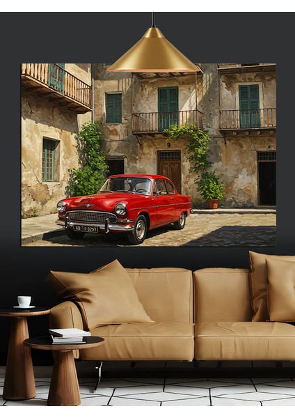 Kırmızı Klasik Araba Eski Sokak Dekoratif Kanvas - Mdf Ahşap Tablo indirimleri