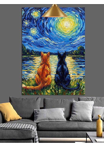 Vincent Van Gogh Yıldızlı Gece Kediler Dekoratif Kanvas - Mdf Ahşap Tablo