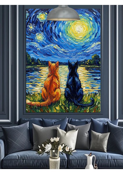 Vincent Van Gogh Yıldızlı Gece Kediler Dekoratif Kanvas - Mdf Ahşap Tablo fiyatları