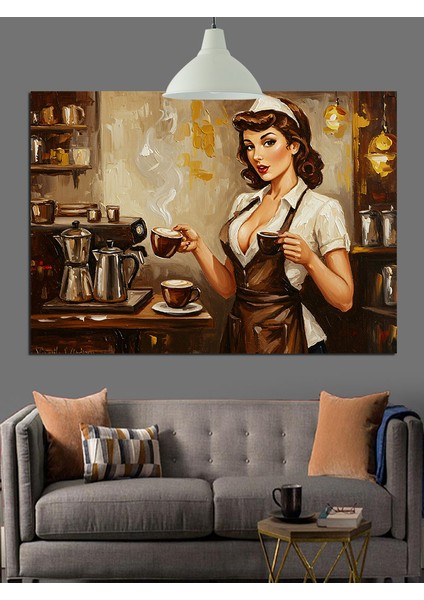 Kahve Yapan Garson Kız Dekoratif Kanvas - Mdf Ahşap Tablo