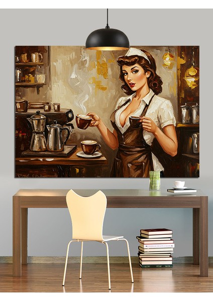 Kahve Yapan Garson Kız Dekoratif Kanvas - Mdf Ahşap Tablo fiyatları