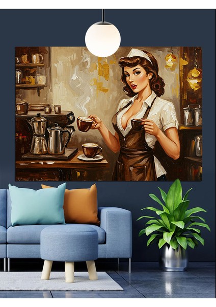 Kahve Yapan Garson Kız Dekoratif Kanvas - Mdf Ahşap Tablo modelleri