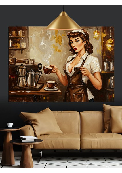 Kahve Yapan Garson Kız Dekoratif Kanvas - Mdf Ahşap Tablo fırsatları