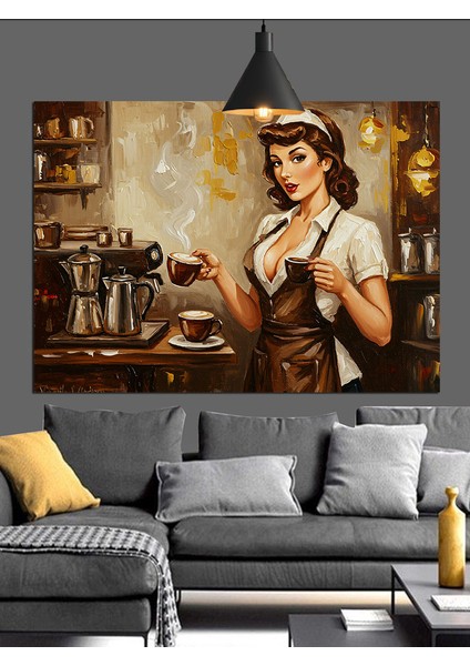 Kahve Yapan Garson Kız Dekoratif Kanvas - Mdf Ahşap Tablo indirimleri