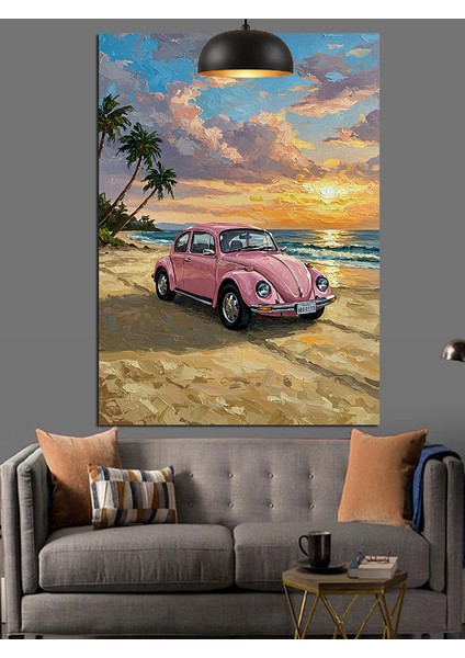 Pembe Klasik Otomobil Sahil Gezisi Dekoratif Kanvas - Mdf Ahşap Tablo fiyatları