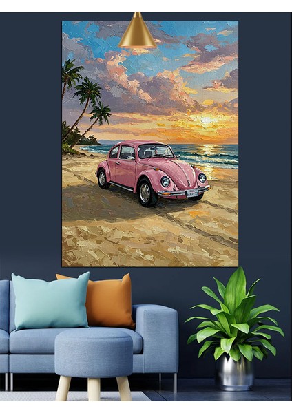 Pembe Klasik Otomobil Sahil Gezisi Dekoratif Kanvas - Mdf Ahşap Tablo modelleri