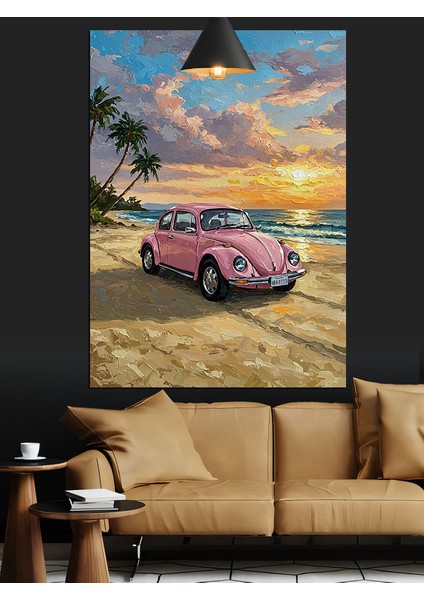 Pembe Klasik Otomobil Sahil Gezisi Dekoratif Kanvas - Mdf Ahşap Tablo fırsatları