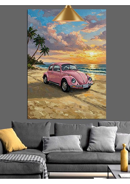 Pembe Klasik Otomobil Sahil Gezisi Dekoratif Kanvas - Mdf Ahşap Tablo indirimleri
