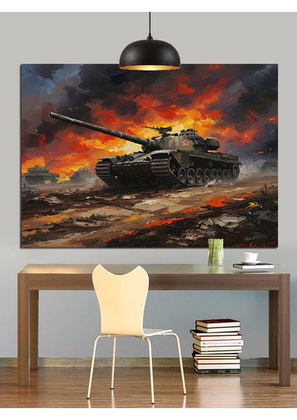 Savaş Alanında Tank Dekoratif Kanvas - Mdf Ahşap Tablo