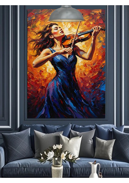 Mor Elbiseli Keman Çalan Genç Kadın Dekoratif Kanvas - Mdf Ahşap Tablo