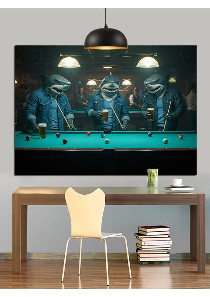 Köpekbalıkları Bilardo Oynuyor Dekoratif Kanvas - Mdf Ahşap Tablo