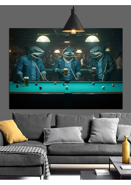 Köpekbalıkları Bilardo Oynuyor Dekoratif Kanvas - Mdf Ahşap Tablo fırsatları