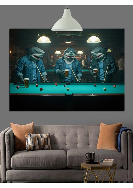 Köpekbalıkları Bilardo Oynuyor Dekoratif Kanvas - Mdf Ahşap Tablo indirimleri