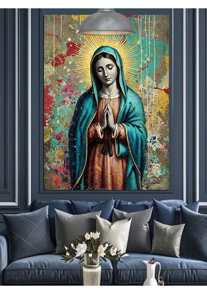 Mavi Elbiseli Kutsal Meryem Ana Duası Dekoratif Kanvas - Mdf Ahşap Tablo fırsatları