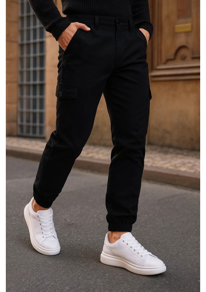 Erkek Trend Lastikli Yüksek Bel Siyah Kargo Pantolon