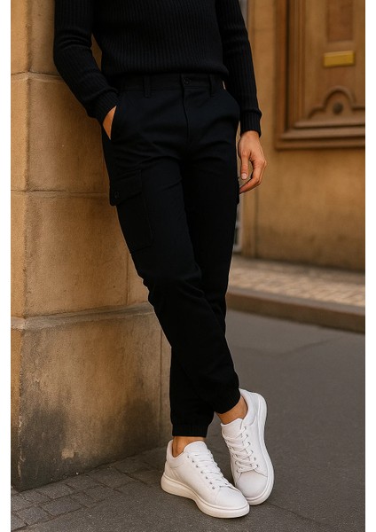 Erkek Trend Lastikli Yüksek Bel Siyah Kargo Pantolon modelleri