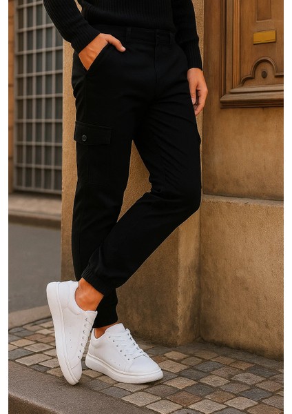 Erkek Trend Lastikli Yüksek Bel Siyah Kargo Pantolon fırsatları