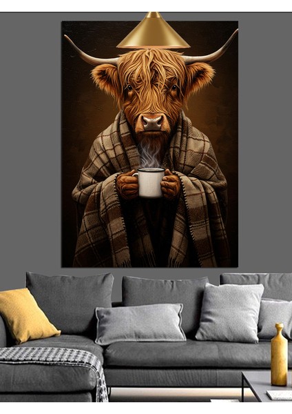 Kahve Içen Sığır Dekoratif Kanvas - Mdf Ahşap Tablo