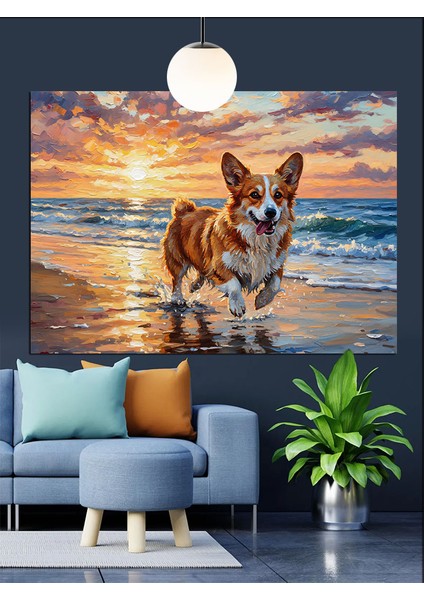 Sevimli Köpek Sahilde Dekoratif Kanvas - Mdf Ahşap Tablo