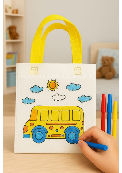 Temalı Boyanabilir Bez El Çantası – Çocuklar Için Eğitici Etkinlik Çantası 3 Boya Kalemi Hediyeli