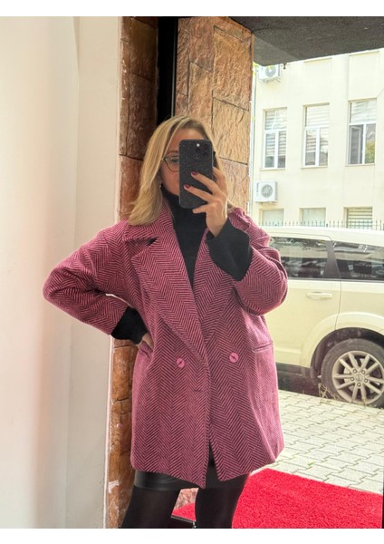 Oversize Kaşe Kaban Pembe Balıksırtı