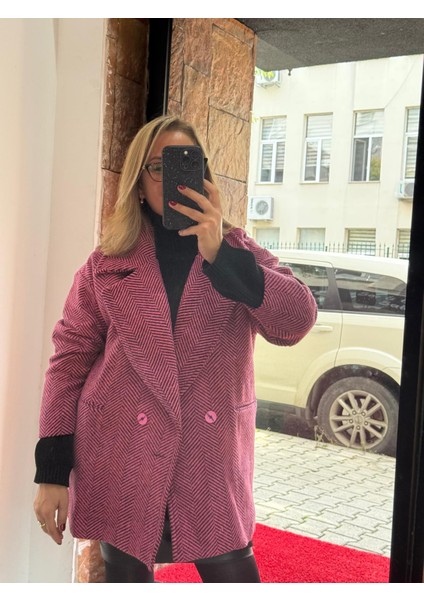 Oversize Kaşe Kaban Pembe Balıksırtı fiyatları