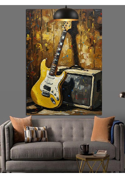 Retro Gitar ve Amfi Ile Müzik Dekoratif Kanvas - Mdf Ahşap Tablo