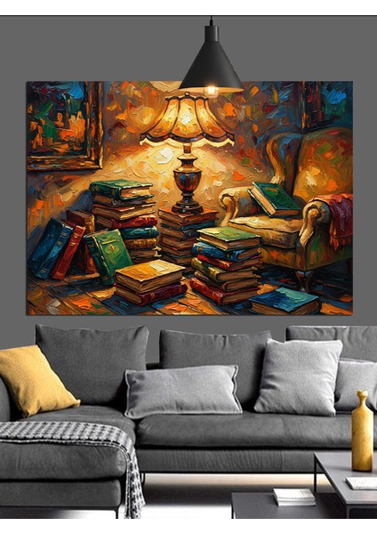 Abajurlu Kitap Okuma Ortamı Dekoratif Kanvas - Mdf Ahşap Tablo