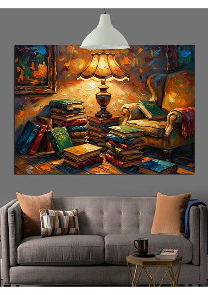 Abajurlu Kitap Okuma Ortamı Dekoratif Kanvas - Mdf Ahşap Tablo fiyatları