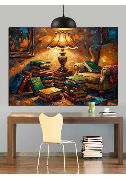 Abajurlu Kitap Okuma Ortamı Dekoratif Kanvas - Mdf Ahşap Tablo modelleri