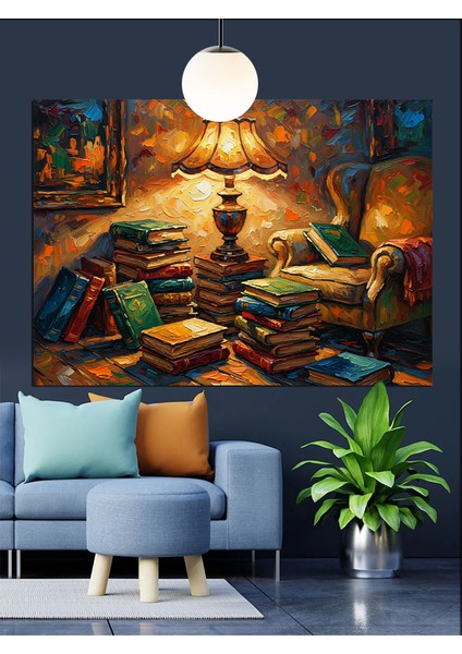 Abajurlu Kitap Okuma Ortamı Dekoratif Kanvas - Mdf Ahşap Tablo fırsatları
