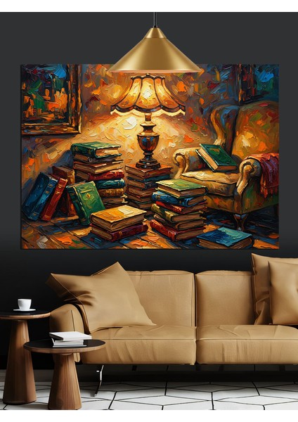 Abajurlu Kitap Okuma Ortamı Dekoratif Kanvas - Mdf Ahşap Tablo indirimleri