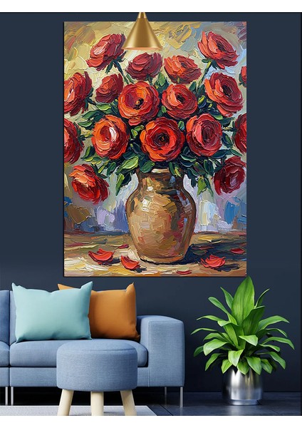 Kırmızı Güllerden Oluşan Güzel Vazo Dekoratif Kanvas - Mdf Ahşap Tablo